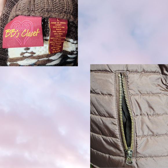 Vtg BBs Closet Y2k Brown White Knit Wool Blend Bird Snow Winter Puffer Vest Sz L - Picture 6 of 6